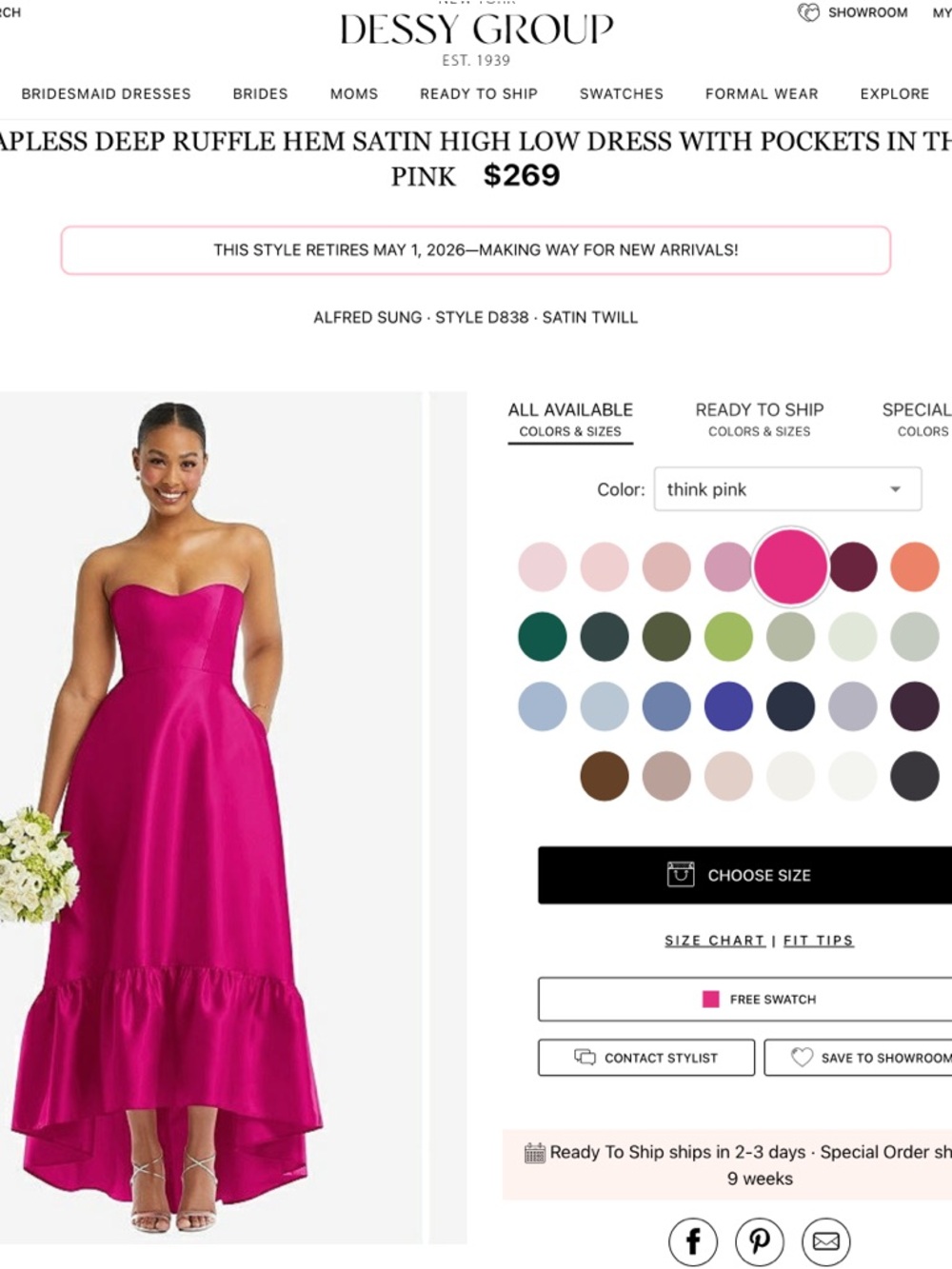 ALFRED SUNG Strapless Satin High-Low Dress in Think Pink Size 22W